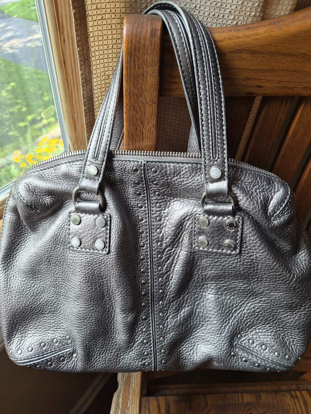 Michael Kors Ladies Pewter Astor Studded Satchel Handbag